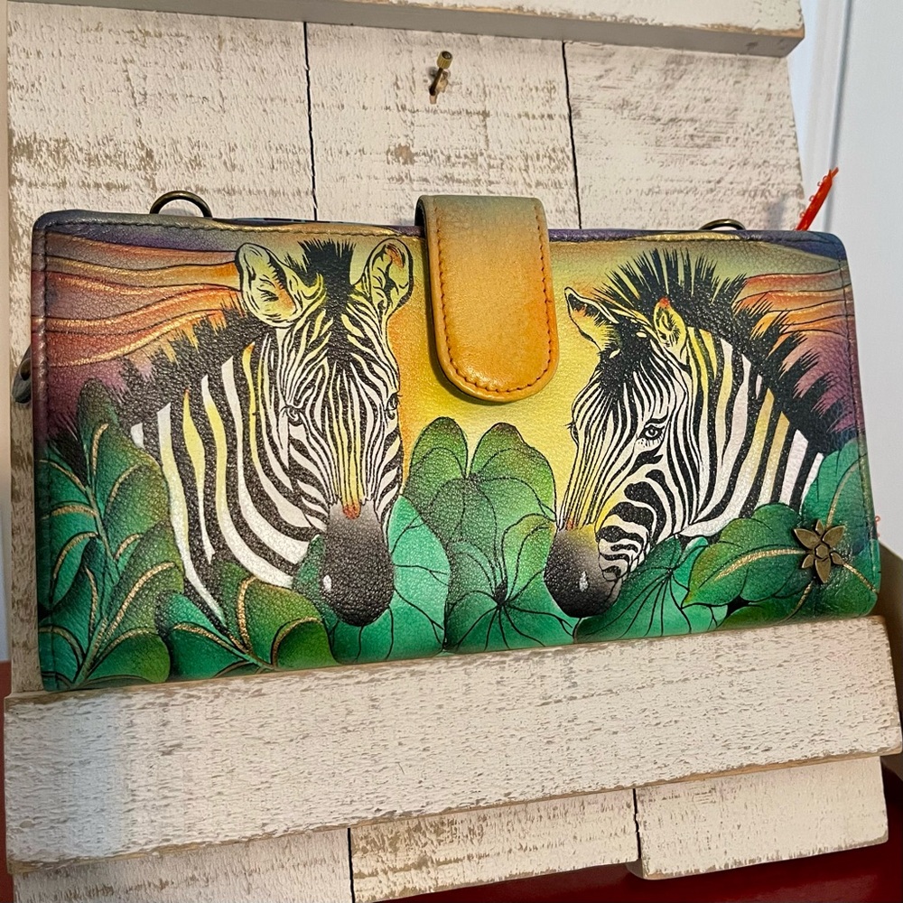 ANUSCHKA HAND-PAINTED LEATHER CROSSBODY ORGANIZER WALLET SUNSET ZEBRA NWT